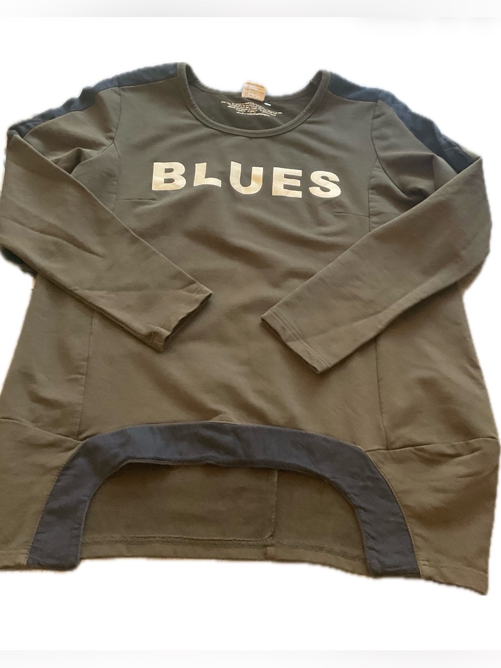 **Blues ** Olive Green Long-Sleeve Sweatshirt with contrasting curved hem.